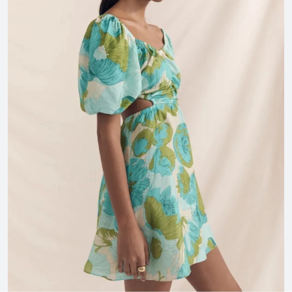 Peony Forever Mini Dress Seychilles Puff Sleeve Silk Green Blue Floral Size S